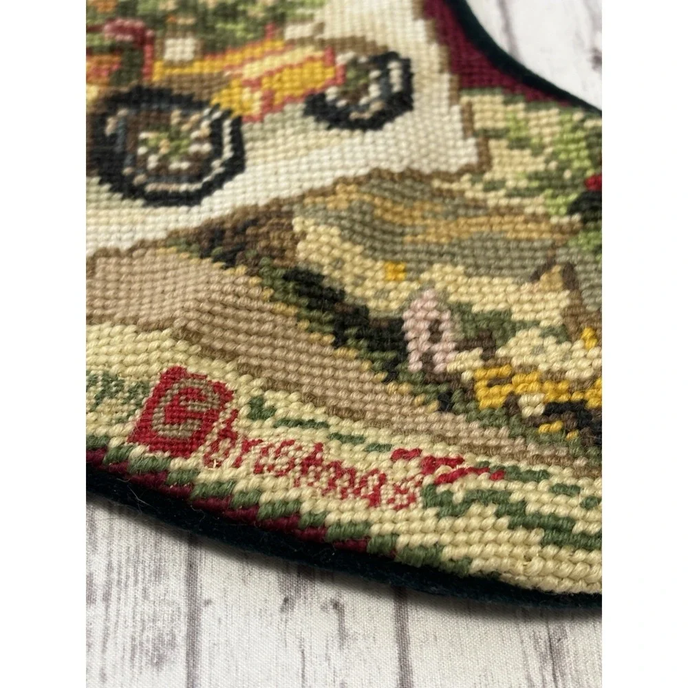 Vintage Needlepoint Hand Embroidered Christmas Stocking Wool Velvet Car 20